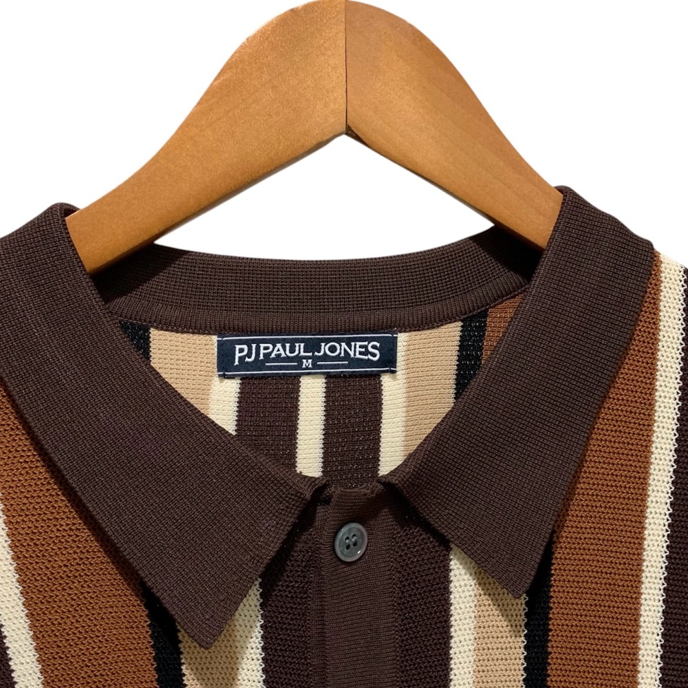 PJ Paul Jones Men's Retro Knit Polo Striped Button Up Shirt Brown Size Medium - Picture 5 of 7